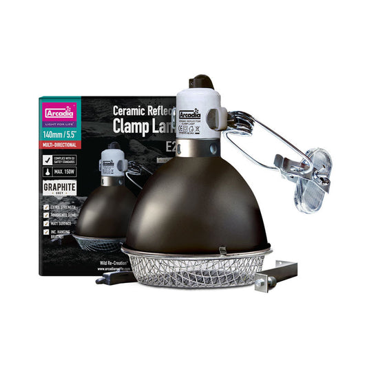 Arcadia Reptile Ceramic Clamp Lamp Reflector 140mm Graphite for upto 150w lamps such as Deep Heat Projectors, Halogen Basking Bulbs, Solar reptile floods. Bearded Dragon, Water Dragon, Blue Tongue Skink, Leopard Geckos. New Zealand Reptile Supplies Wilderness Woodend