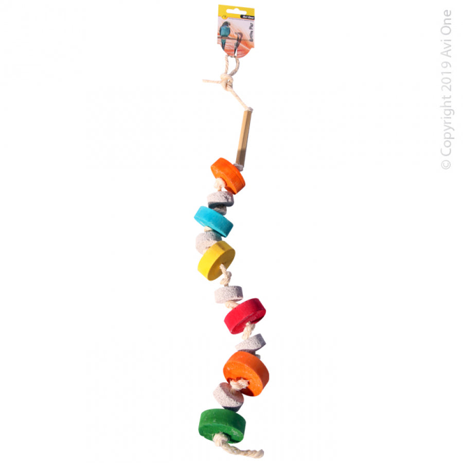Avi One Bird Toy Lanyard Wooden Blocks with Pumice Wilderness Woodend Pet Shop Best Bird Toys NZ Cockatoo Macaw