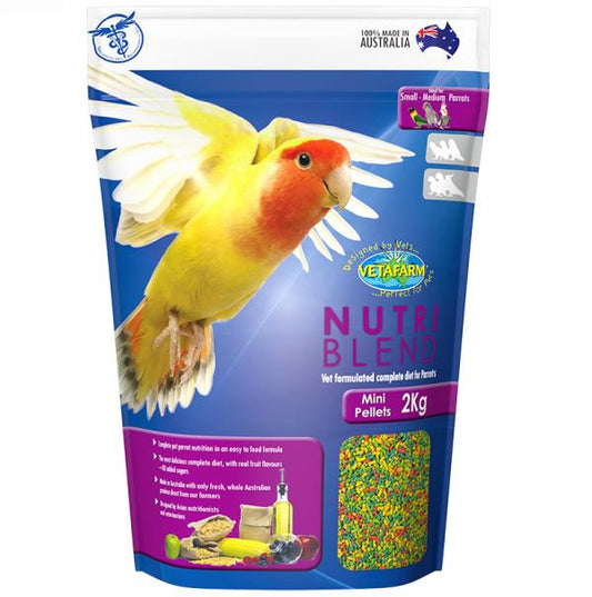Vetafarm Nutriblend Mini 2kg Bird Pellet Food. Suitable for conures, budgies, cockatiels, parrots, breeding birds. Wilderness Woodend online bird seed supplies NZ