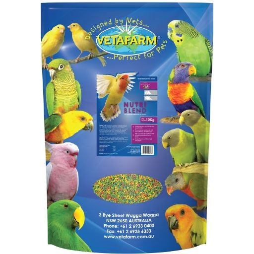 Vetafarm Nutriblend Mini 10kg Bird Pellet Food. Suitable for conures, budgies, cockatiels, parrots, breeding birds. Wilderness Woodend online bird seed supplies NZ