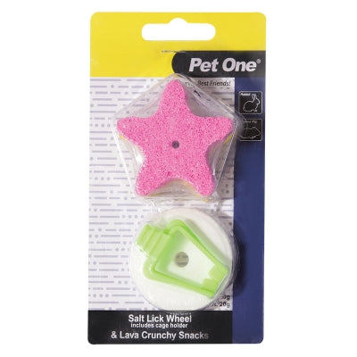 Pet One salt lick wheel and lava crunchy snacks packaging on a white background