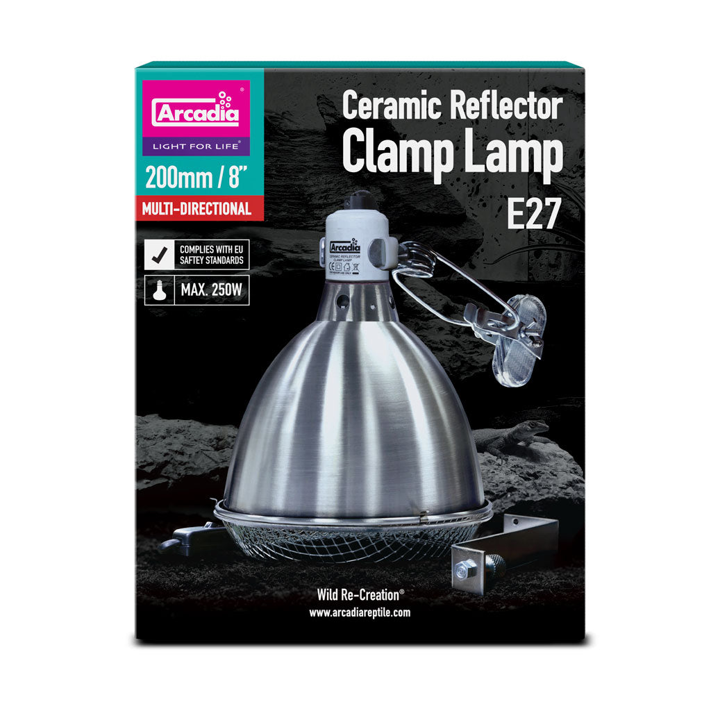 Arcadia Reptile Wilderness Woodend. Ceramic Reflector Lamp Holder 200mm. Suitable for heat lamps upto 250w. For Bearded Dragons, Blue Tongue Skinks, Turtles, Leopard Geckos. Best priced reptiles supplies online in New Zealand
