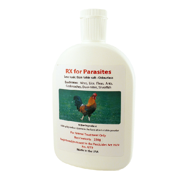 RX Parasite Powder for chickens and other poultry. Control mites in bedding and hutches NZ safe product Wilderness Woodend chicken supplies