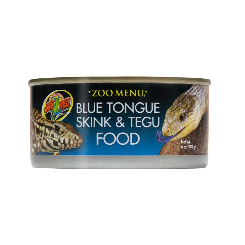 A can of Zoo-Neon Blue Tongue Skink & Tegu Food on a plain white background. The label features a dark blue and black background with yellow and white text, and detailed illustrations of a blue tongue skink and a tegu lizard.