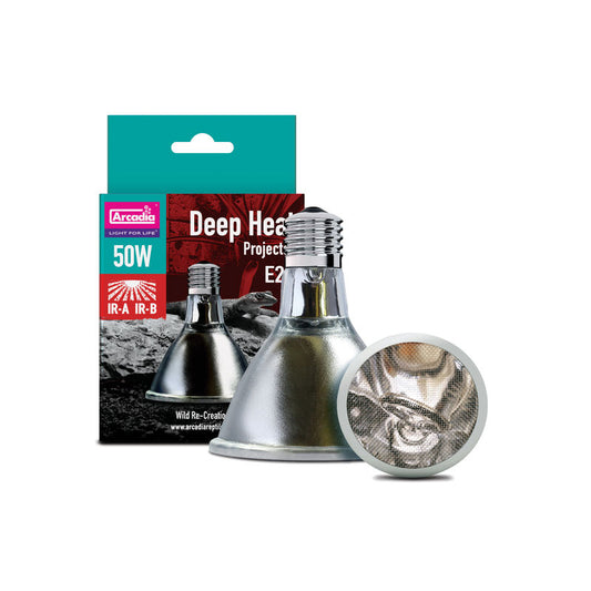 Arcadia Reptile Wilderness Woodend. Deep Heat Projector 50w. Suitable for reptile heating and basking for Bearded Dragons, Leopard Geckos, Blue Tongue Skinks, Water Dragons and frogs.